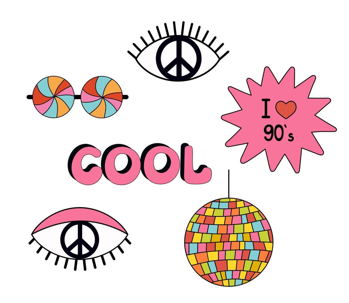 stikers retrô groovy. adesivos hippie no estilo 1970. ilustração vetorial dos anos 90, isolado no fundo branco. sinal de paz com olho. remendar adesivos legais vetor