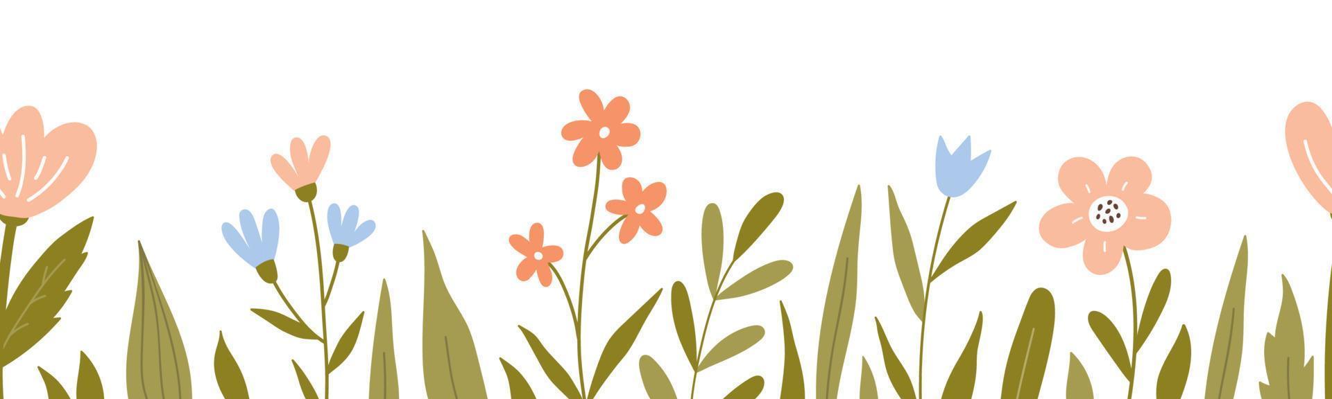 borda horizontal perfeita com flores e folhas fofas. fundo botânico. perfeito para decorações, cartões, designs de banner. ilustração vetorial em estilo simples desenhados à mão. vetor