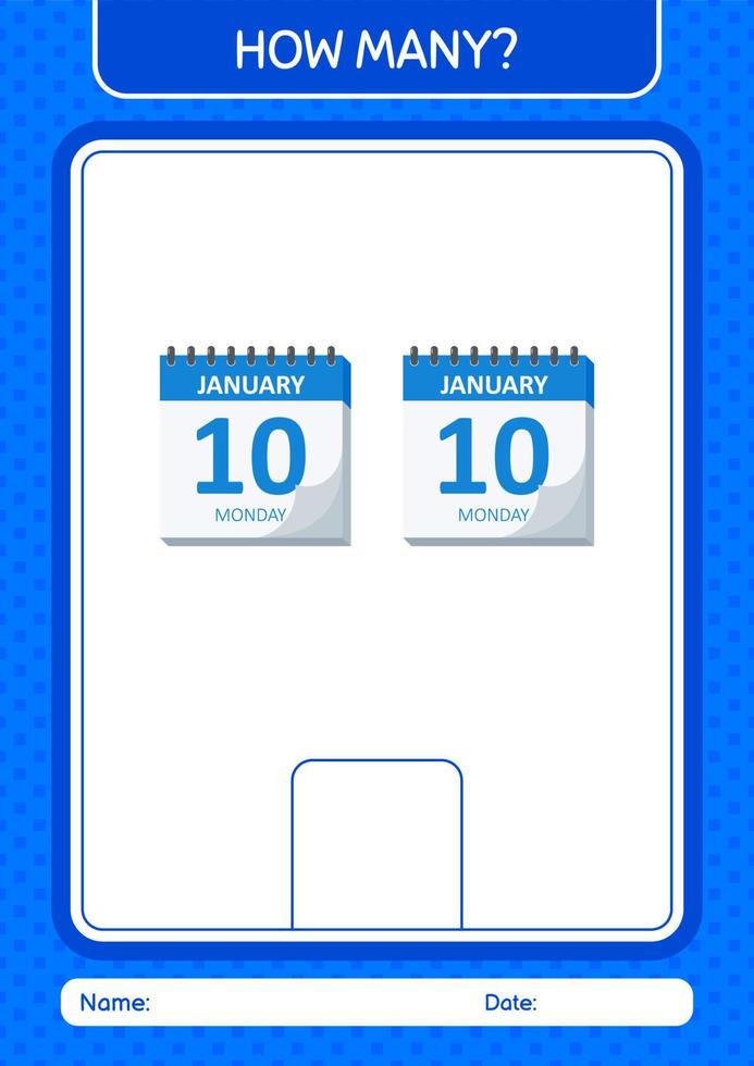 quantos jogo de contagem com calendário. planilha para crianças pré-escolares, folha de atividades para crianças vetor
