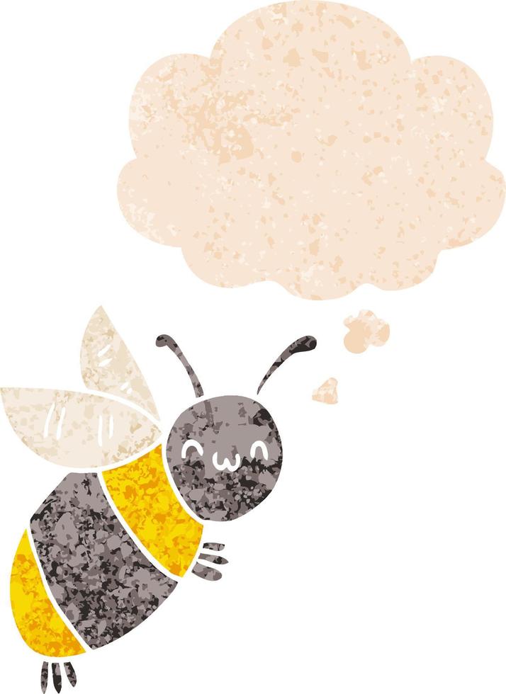 abelha de desenho animado bonito e balão de pensamento em estilo retrô texturizado vetor