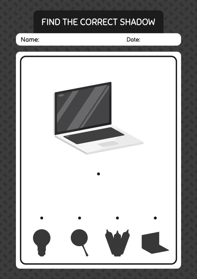 encontre o jogo de sombras correto com o laptop. planilha para crianças pré-escolares, folha de atividades para crianças vetor
