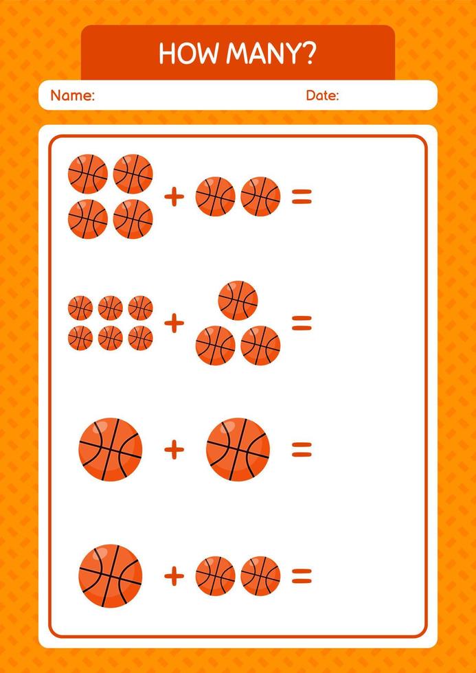 quantos jogo de contagem com basquete. planilha para crianças pré-escolares, folha de atividades para crianças vetor