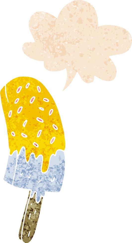 picolé de sorvete de desenho animado e bolha de fala em estilo retrô texturizado vetor
