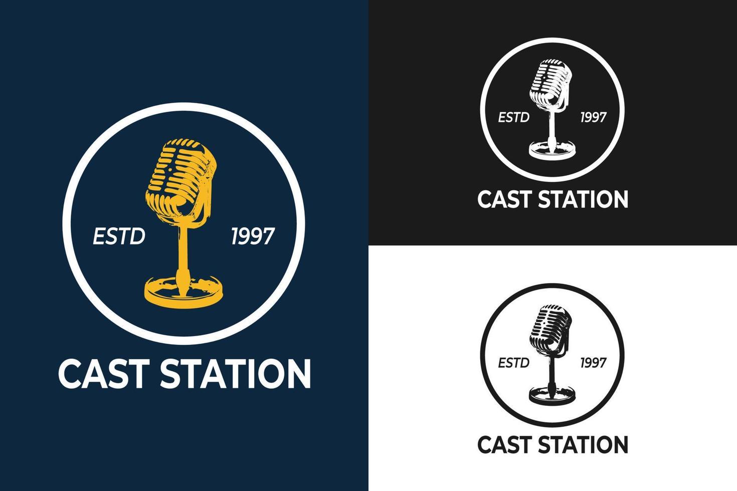 podcast de logotipo ou design de rádio usando estilo vintage de ilustração plana de ícone de vetor de microfone