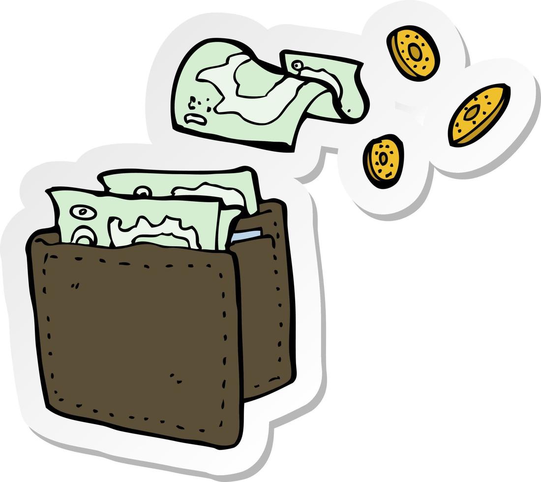 adesivo de uma carteira de desenho animado derramando dinheiro vetor