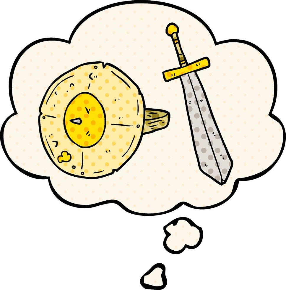 escudo de desenho animado e espada e balão de pensamento no estilo de quadrinhos vetor