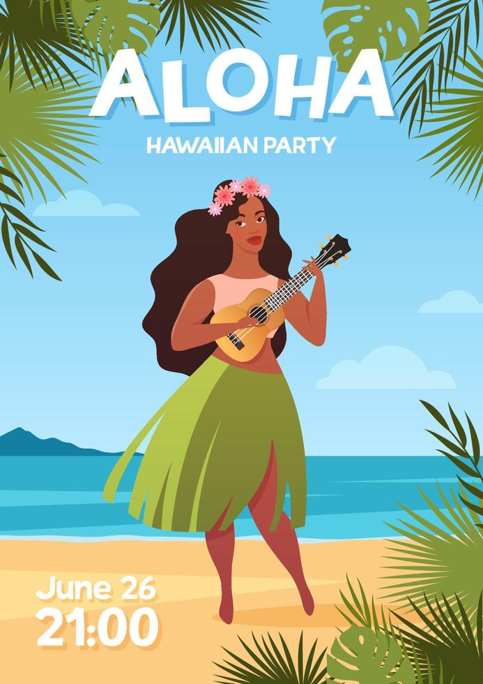 jovem de saia havaiana tradicional dançando dança hula com guitarra ukulele. modelo de panfleto aloha hawaii, festa na praia tropical vetor