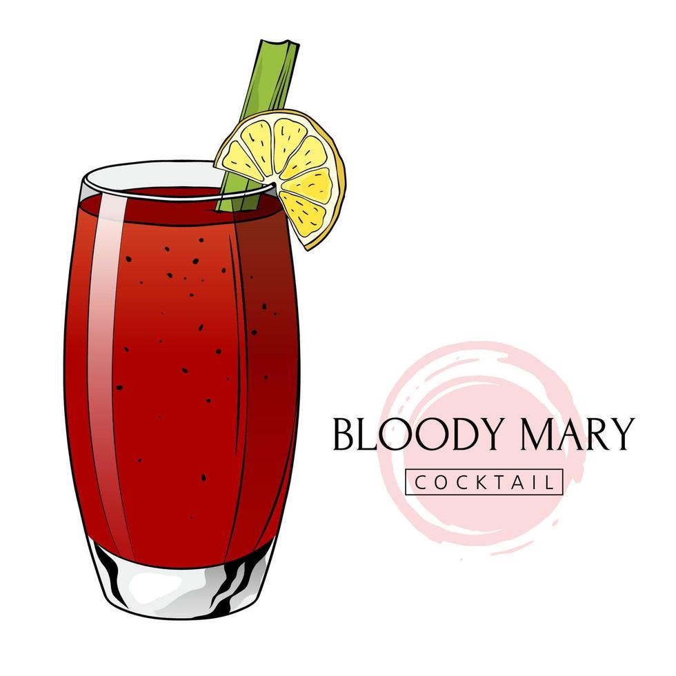 coquetel bloody mary, bebida alcoólica desenhada à mão com fatia de limão e aipo. ilustração vetorial vetor