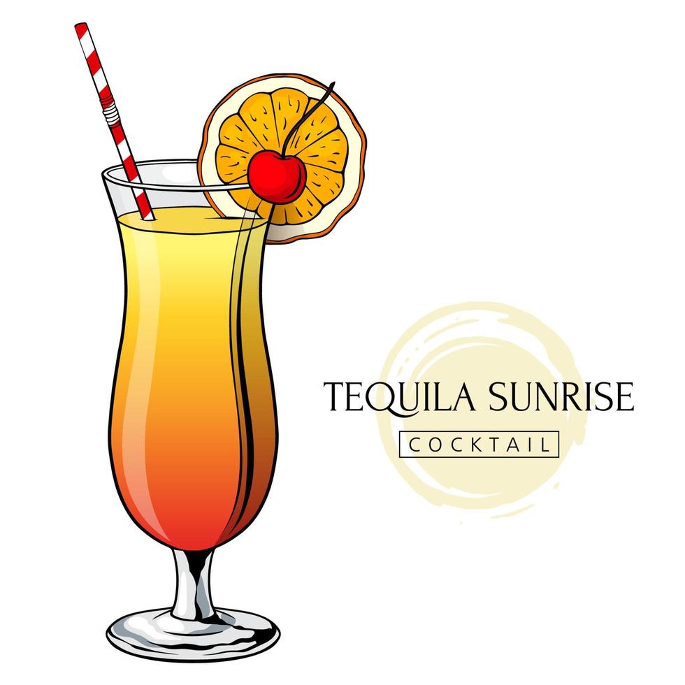 coquetel de tequila sunrise, bebida alcoólica desenhada à mão com fatia de laranja e cereja. ilustração vetorial em fundo branco vetor
