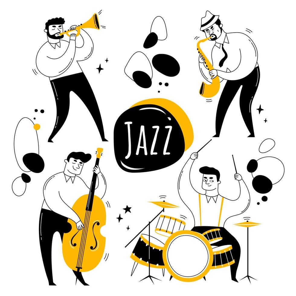 banda de jazz. músicos tocam instrumentos, trompete, saxofone, contrabaixo e bateria. ilustração vetorial vetor