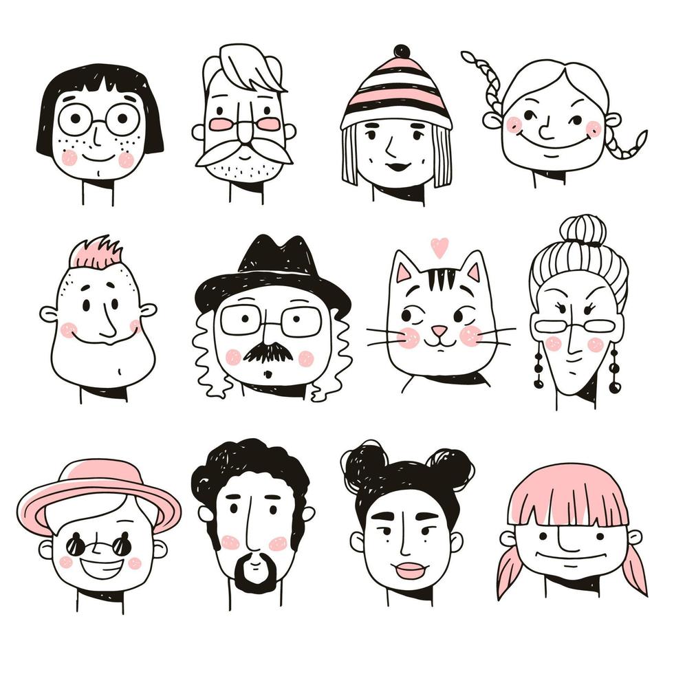 conjunto de rostos de pessoas. ilustração vetorial desenhada à mão em estilo doodle vetor