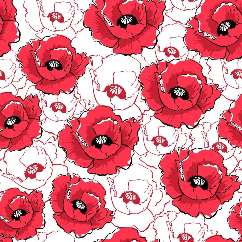 flores de papoula vermelha de vetor sobre fundo branco. padrão sem emenda desenhado de mão. ilustração de cor de flores silvestres. textura floral. papel de parede, papel digital, papel de embrulho, design têxtil