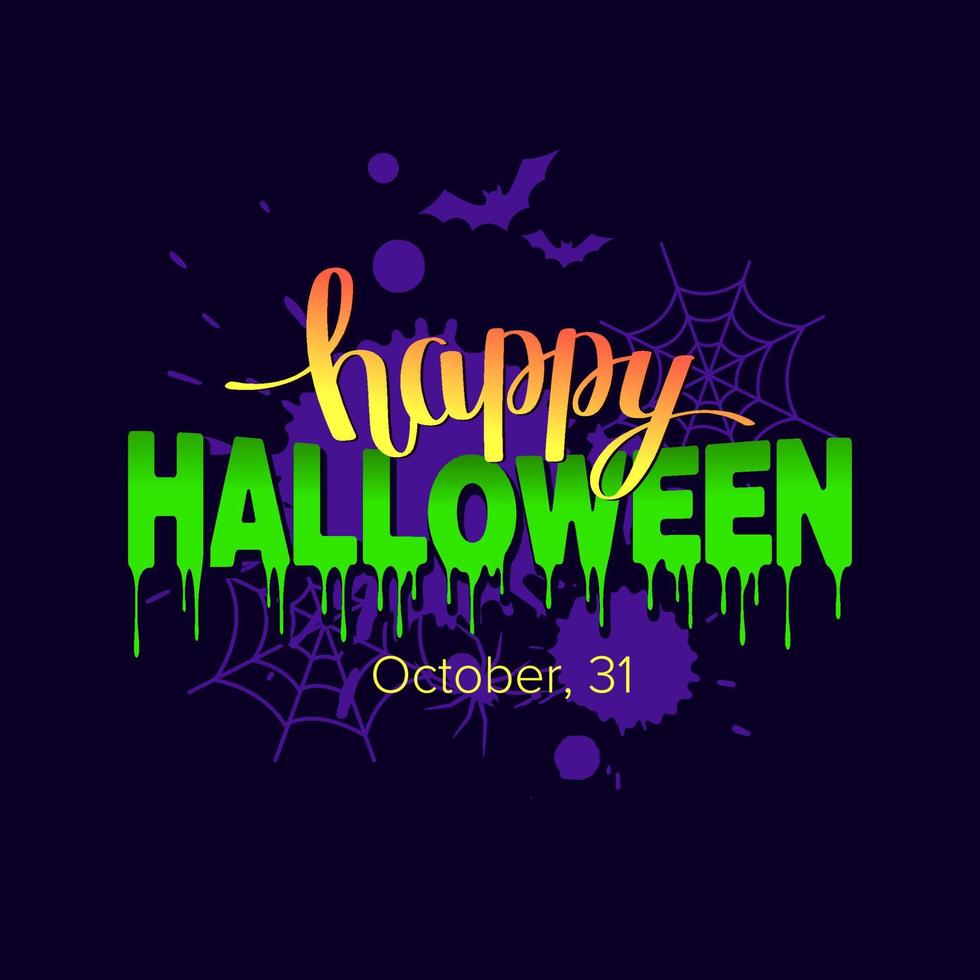 feliz banner de texto de halloween com teia de aranha e morcegos. ilustração vetorial vetor