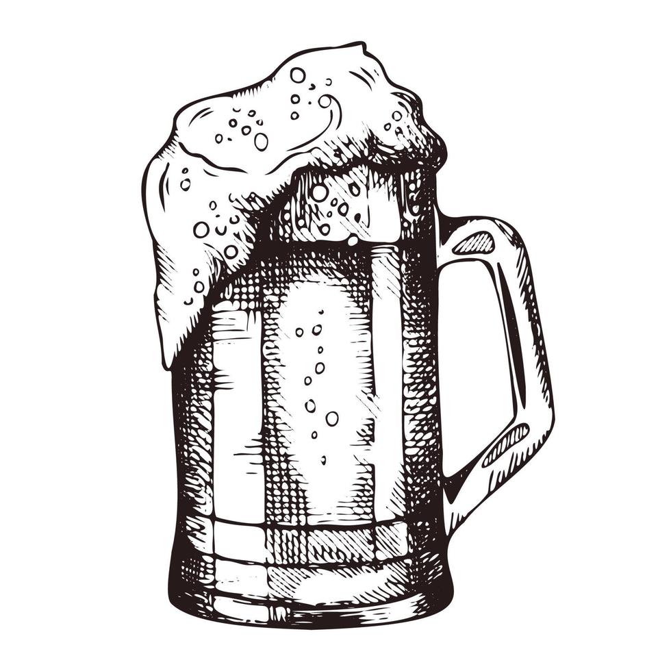 caneca desenhada à mão de cerveja espumosa, ilustração vetorial de estilo de desenho isolada no fundo branco vetor