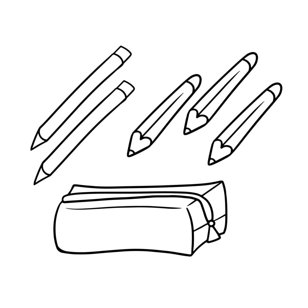 imagem monocromática, estojo escolar longo, lápis e canetas, ilustração vetorial em estilo cartoon em um fundo branco vetor