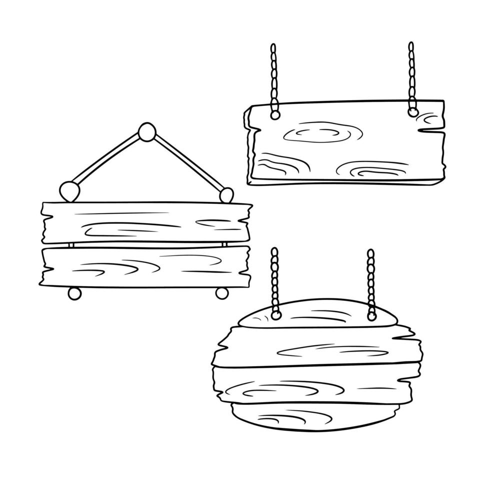 conjunto monocromático de ícones, várias placas de madeira em uma corrente, estande de publicidade, ilustração vetorial em estilo cartoon em um fundo branco vetor