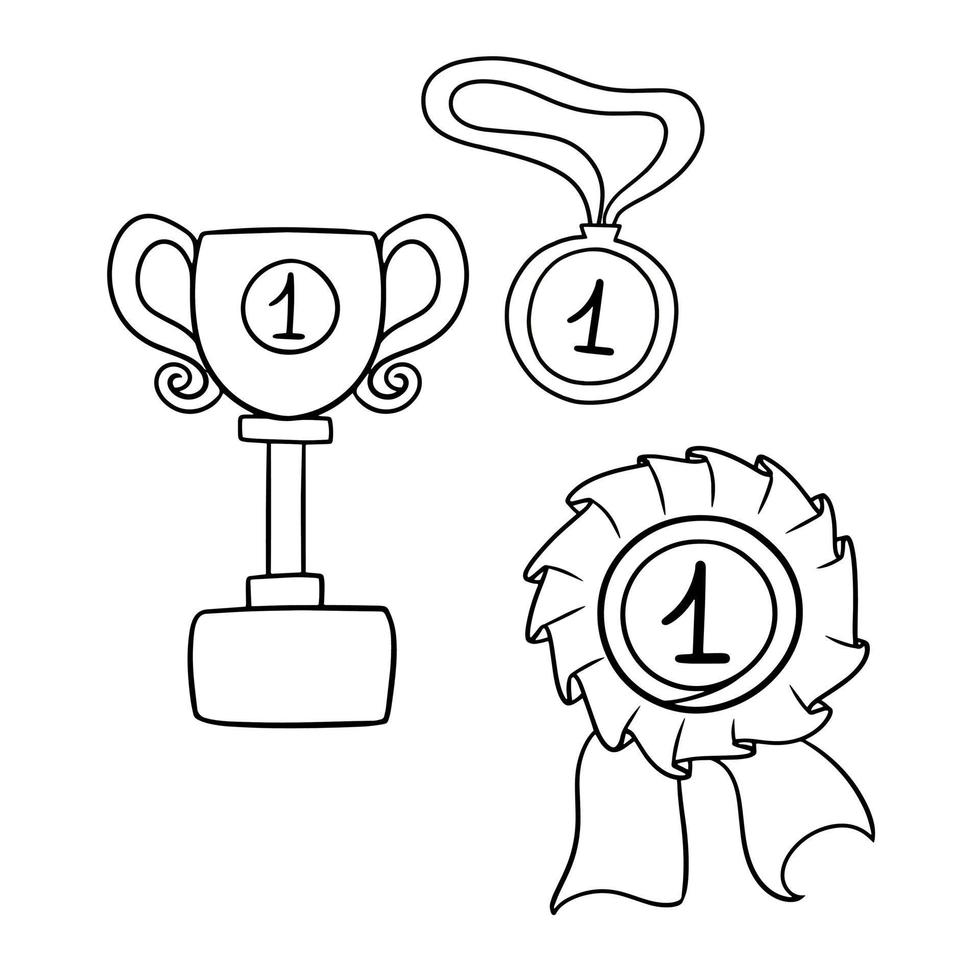 conjunto monocromático de ícones e adesivos, prêmios para o primeiro lugar, taça vencedora, ilustração vetorial em estilo cartoon em um fundo branco vetor