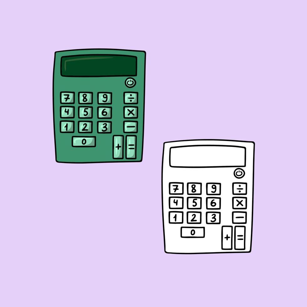 um conjunto de imagens, uma calculadora verde quadrada para estudantes e escolares, uma ilustração vetorial em estilo cartoon em um fundo colorido vetor