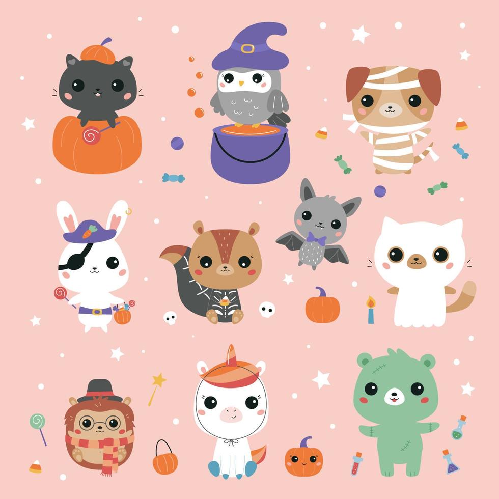 animais kawaii vestidos com fantasias de halloween. personagens de animais de desenho animado fofos em roupa de abóbora, bruxa, múmia, zumbi, unicórnio, mago, pirata, esqueleto, vampiro e fantasma. vetor