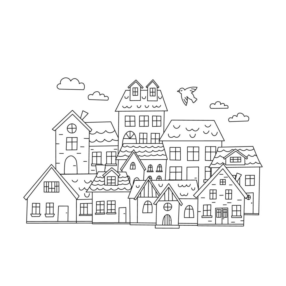 cidade de doodle desenhada à mão. casinhas fofas. ilustração em vetor preto e branco.
