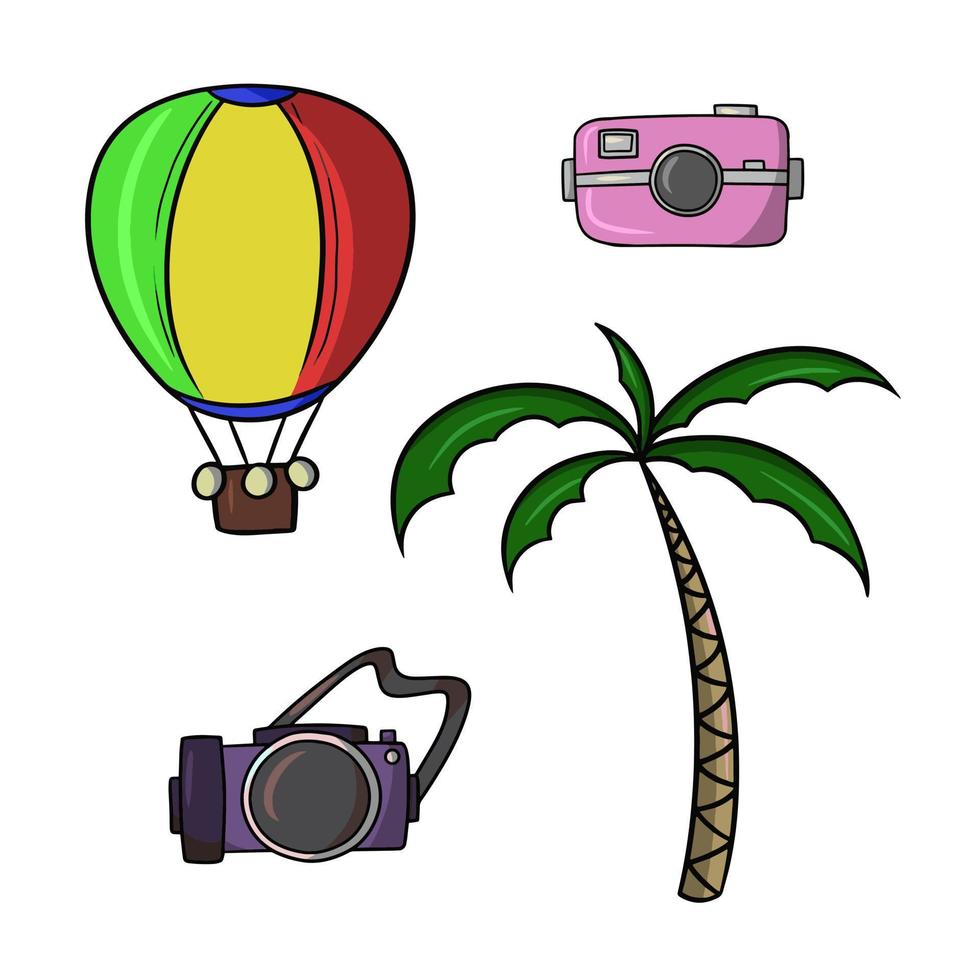 um conjunto de ícones coloridos, uma viagem de verão, uma câmera e uma palmeira, uma ilustração vetorial em estilo cartoon em um fundo branco vetor