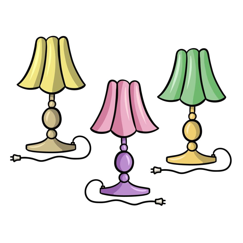 candeeiro de mesa com uma bela sombra de tecido, um conjunto de ilustração vetorial colorida em estilo cartoon em um fundo branco vetor