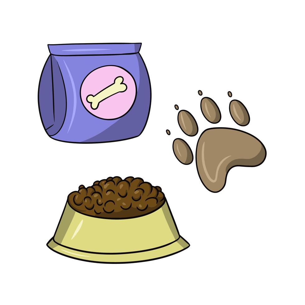 um conjunto de ícones e adesivos, uma tigela de comida de cachorro amarela, um saco de comida de cachorro, uma ilustração vetorial em estilo cartoon vetor