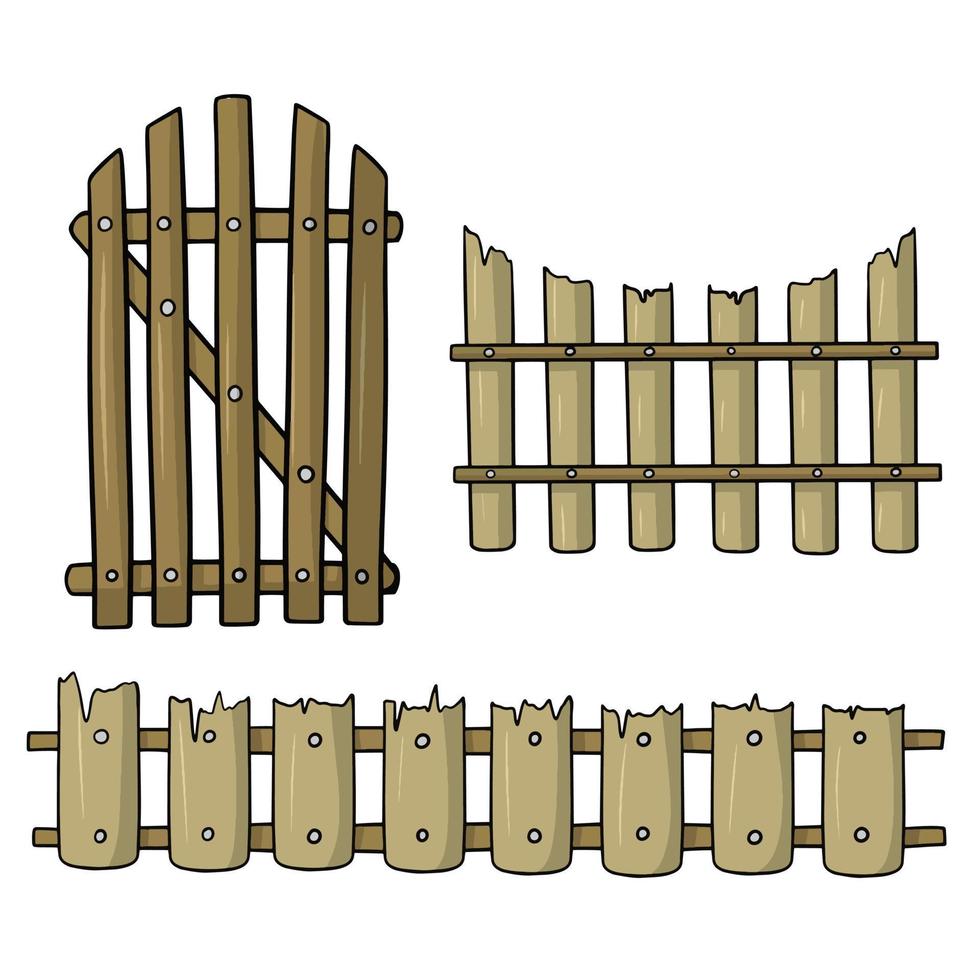 um conjunto de ícones e adesivos, uma cerca de madeira velha com um topo semicircular, um portão, uma ilustração vetorial em estilo cartoon em um fundo branco vetor