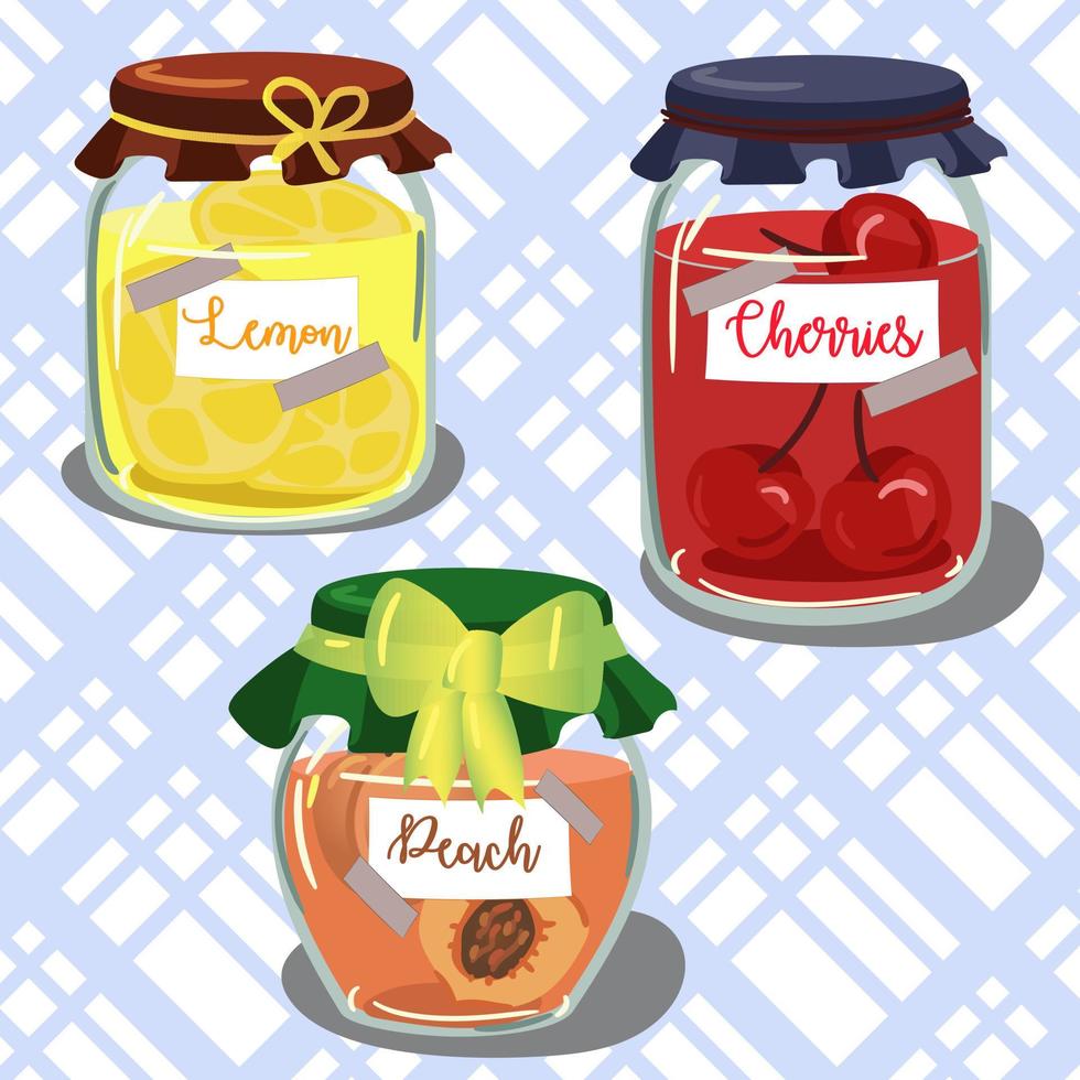 um conjunto de compotas de frutas em potes de vidro em estilo cartoon. limão, cereja, pêssego. usado para ilustração infantil, cozinha, ilustração de alimentos. vetor