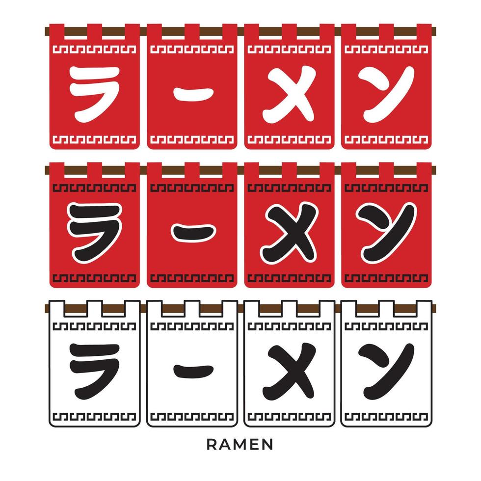 definir ilustração vetorial casa de ramen japonês tradicional cortina de entrada horizontal. tradução é ramen. em três opções de cores. vetor