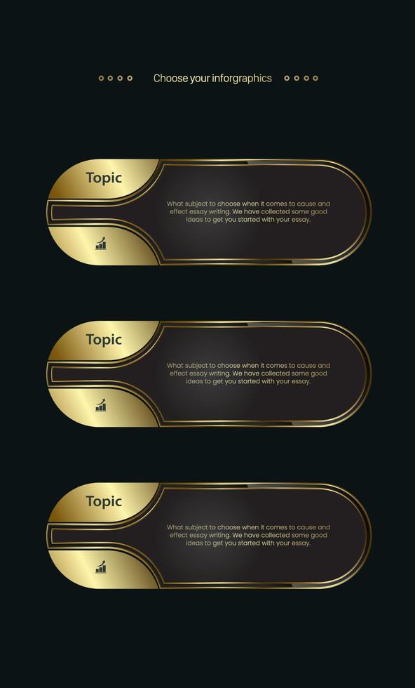 conjunto de três novos botões dourados de estilo, símbolos, ícones, etapas de design de modelos de fluxos de trabalho e vetor infográfico multiuso em um fundo escuro