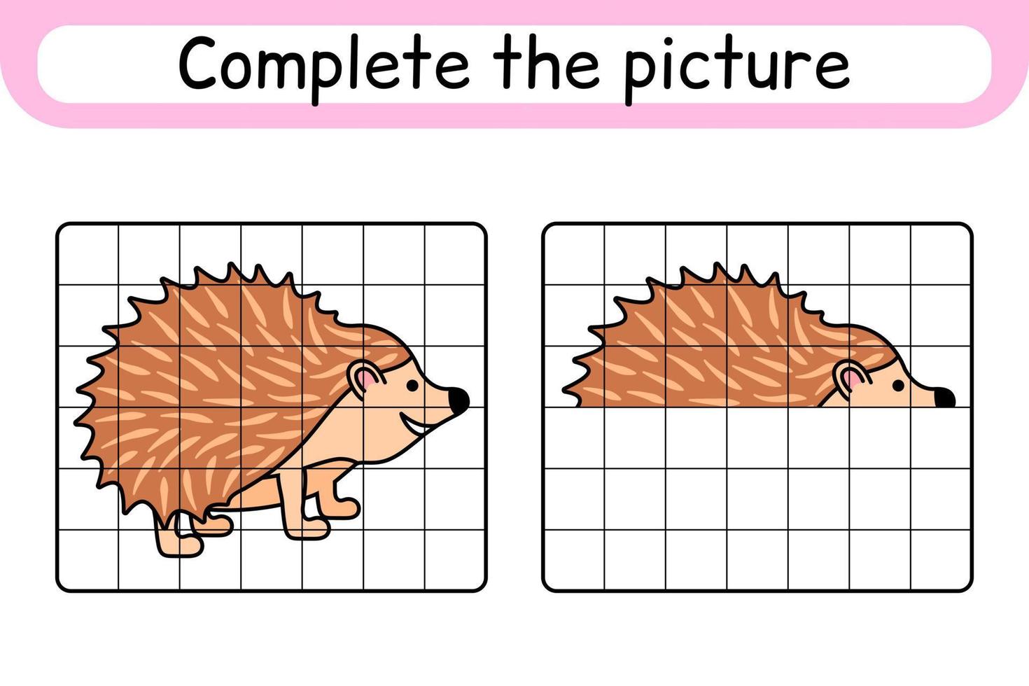 complete o ouriço da imagem. copie a imagem e a cor. terminar a imagem. livro de colorir. jogo de exercício de desenho educacional para crianças vetor