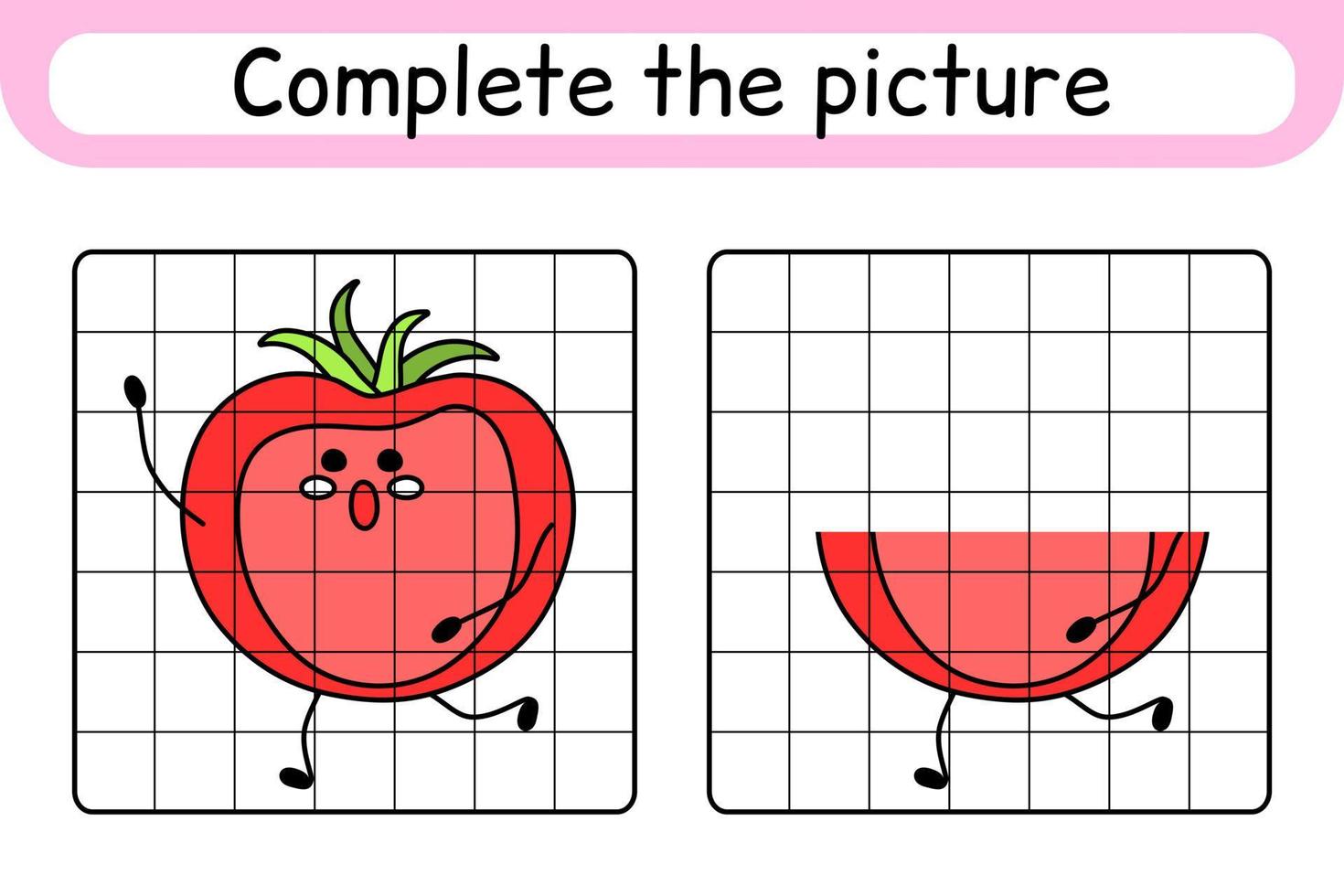 complete a foto de tomate. copie a imagem e a cor. terminar a imagem. livro de colorir. jogo de exercício de desenho educacional para crianças vetor