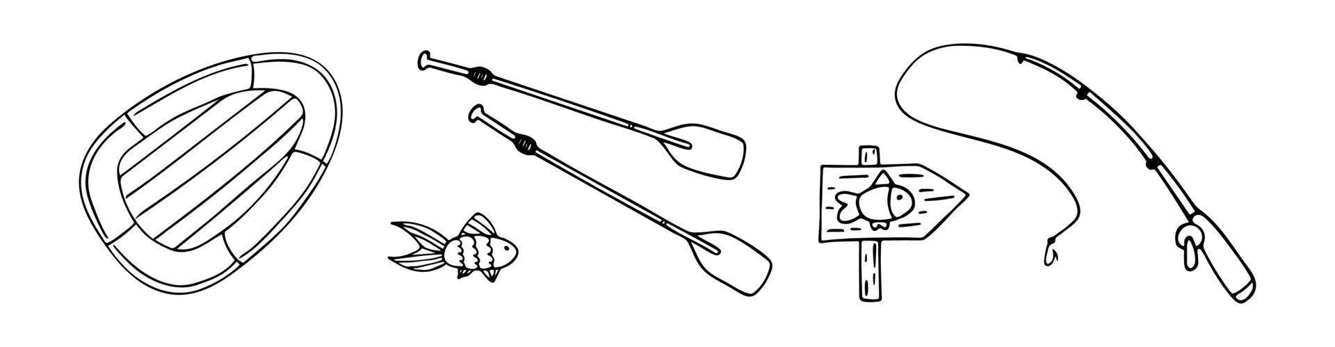 doodle de vetor definido com elementos de pesca. vara de pescar, barco de borracha e poste de sinalização de pesca. contorno.