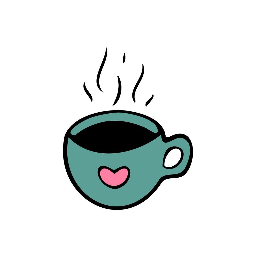 mão desenhada doodle turquesa xícara de café ou chá. ilustração vetorial simples da caneca com coração. vetor