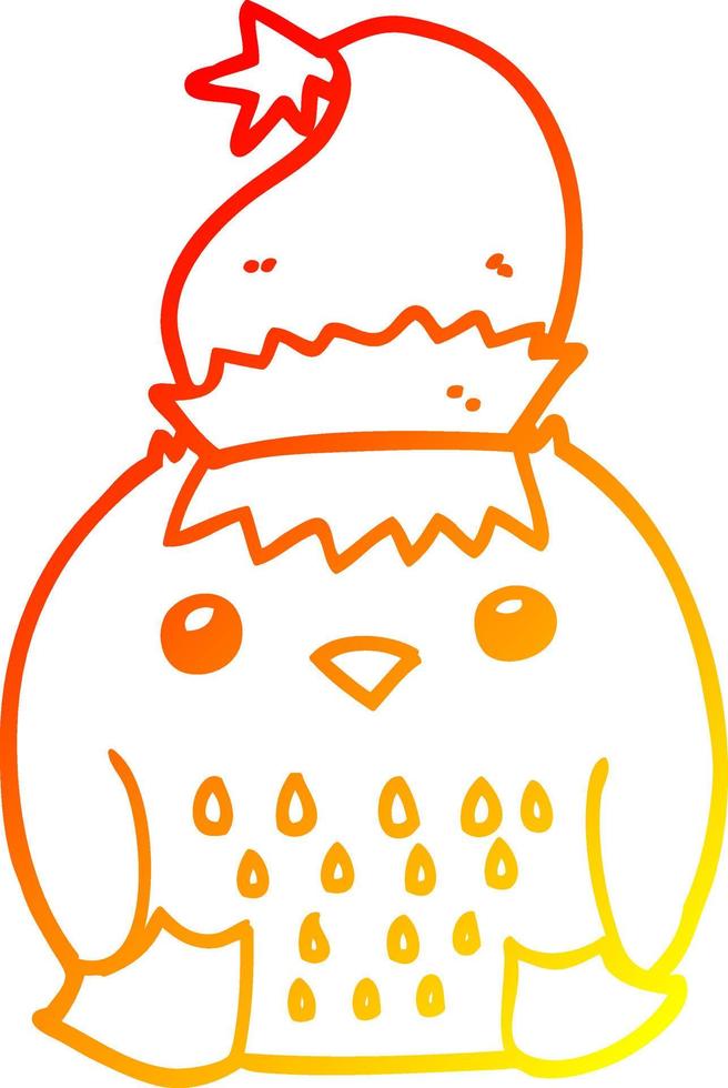 linha de gradiente quente desenhando uma coruja de desenho animado bonito usando chapéu de natal vetor