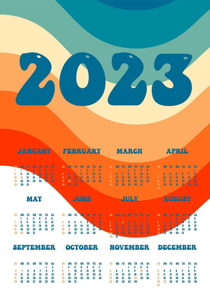 calendário 2023 papel de parede groovy retrô. vertical uma folha com todos os meses. semana começa no domingo. a4 a3 a2 a5. ilustração vetorial em estilo moderno em tons pastel. projeto minimalista. vetor