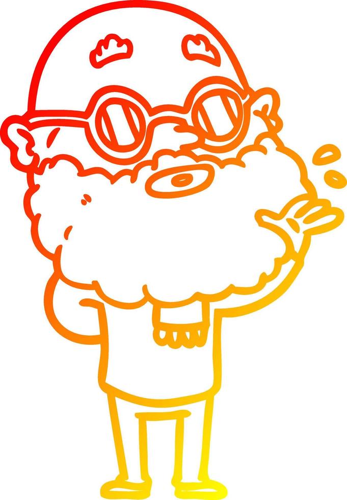desenho de linha de gradiente quente desenho animado homem curioso com barba e óculos de sol vetor