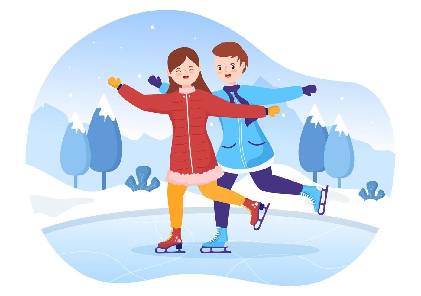patinação no gelo ilustração plana de desenhos animados desenhados à mão de atividades esportivas ao ar livre de diversão de inverno na pista de gelo com roupas sazonais vetor