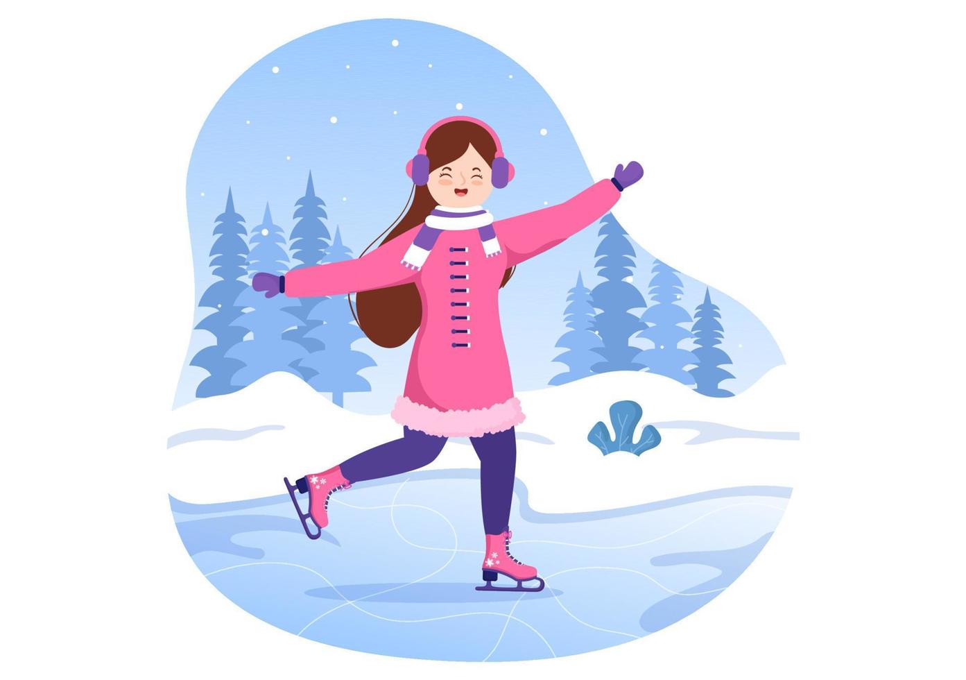 patinação no gelo ilustração plana de desenhos animados desenhados à mão de atividades esportivas ao ar livre de diversão de inverno na pista de gelo com roupas sazonais vetor