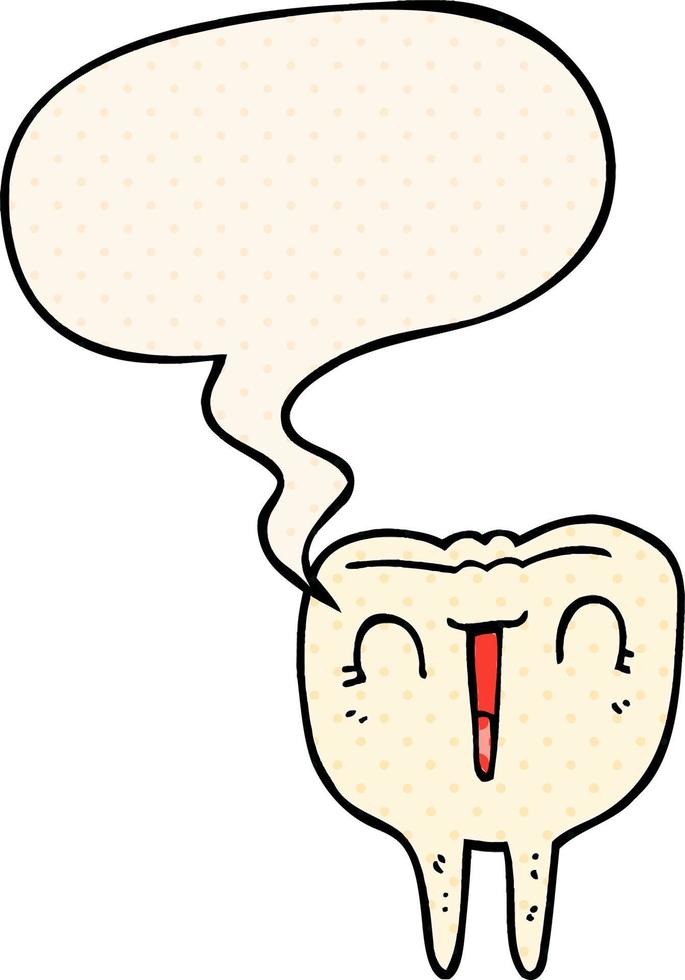 desenho animado dente feliz e bolha de fala no estilo de quadrinhos vetor