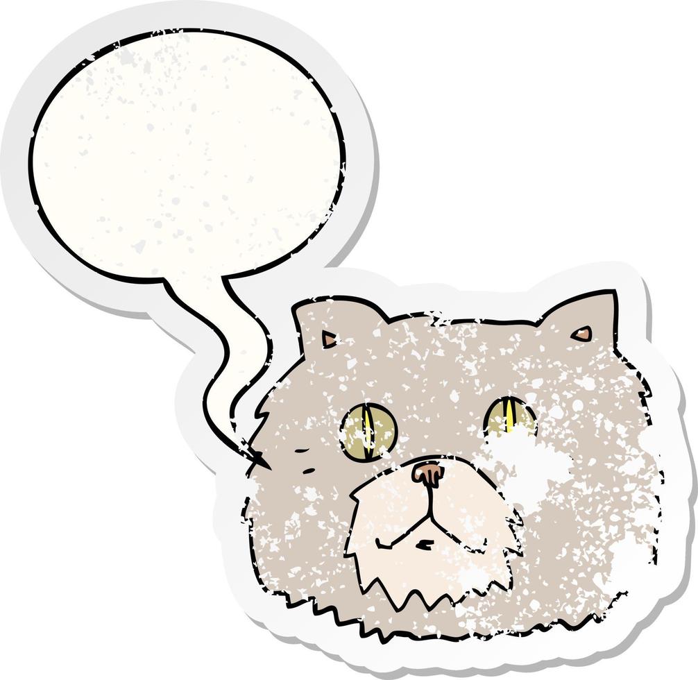 cara de gato de desenho animado e adesivo angustiado de bolha de fala vetor