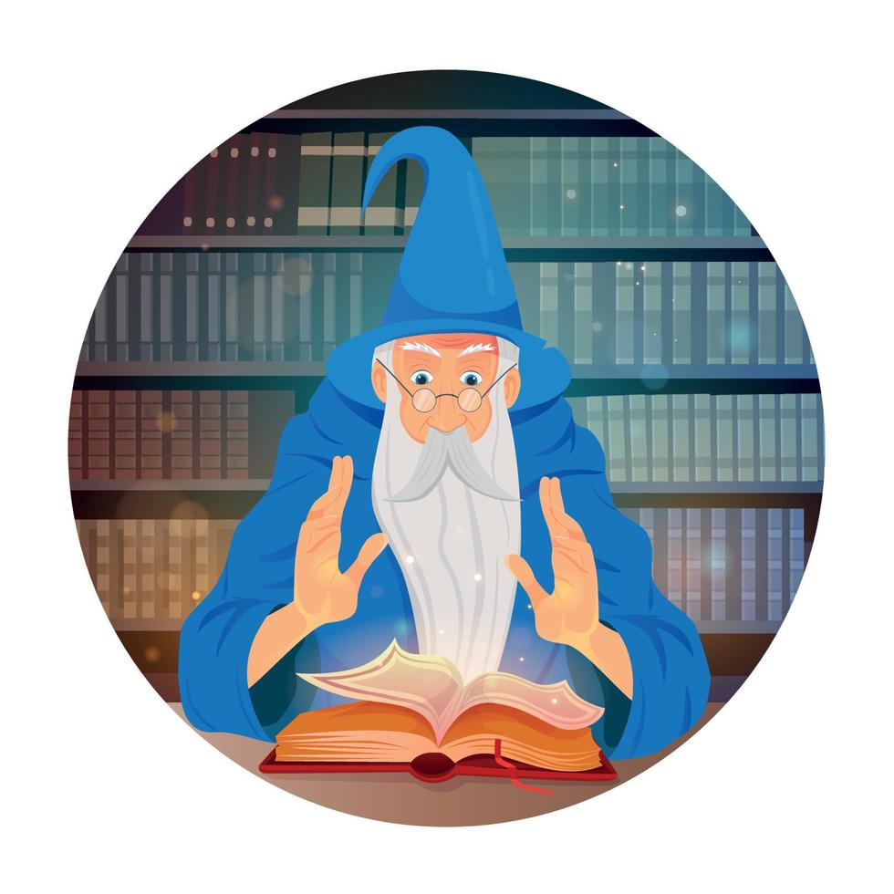velho mago e lendo o livro de feitiços no fundo da biblioteca. feiticeiro, feiticeiro, velho homem de barba com manto de mago azul, chapéu. vetor