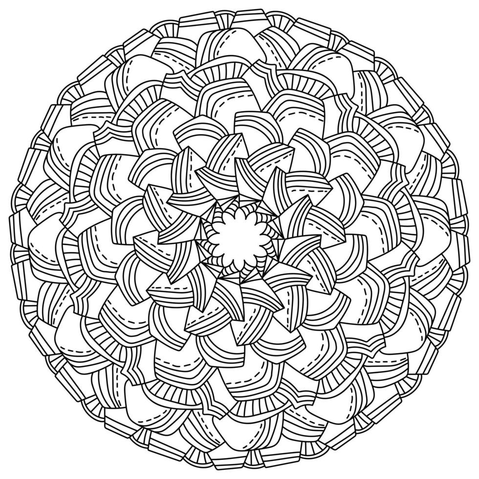 mandala meditativa com pétalas listradas e traços, página para colorir zen na forma de uma moldura redonda com padrões vetor