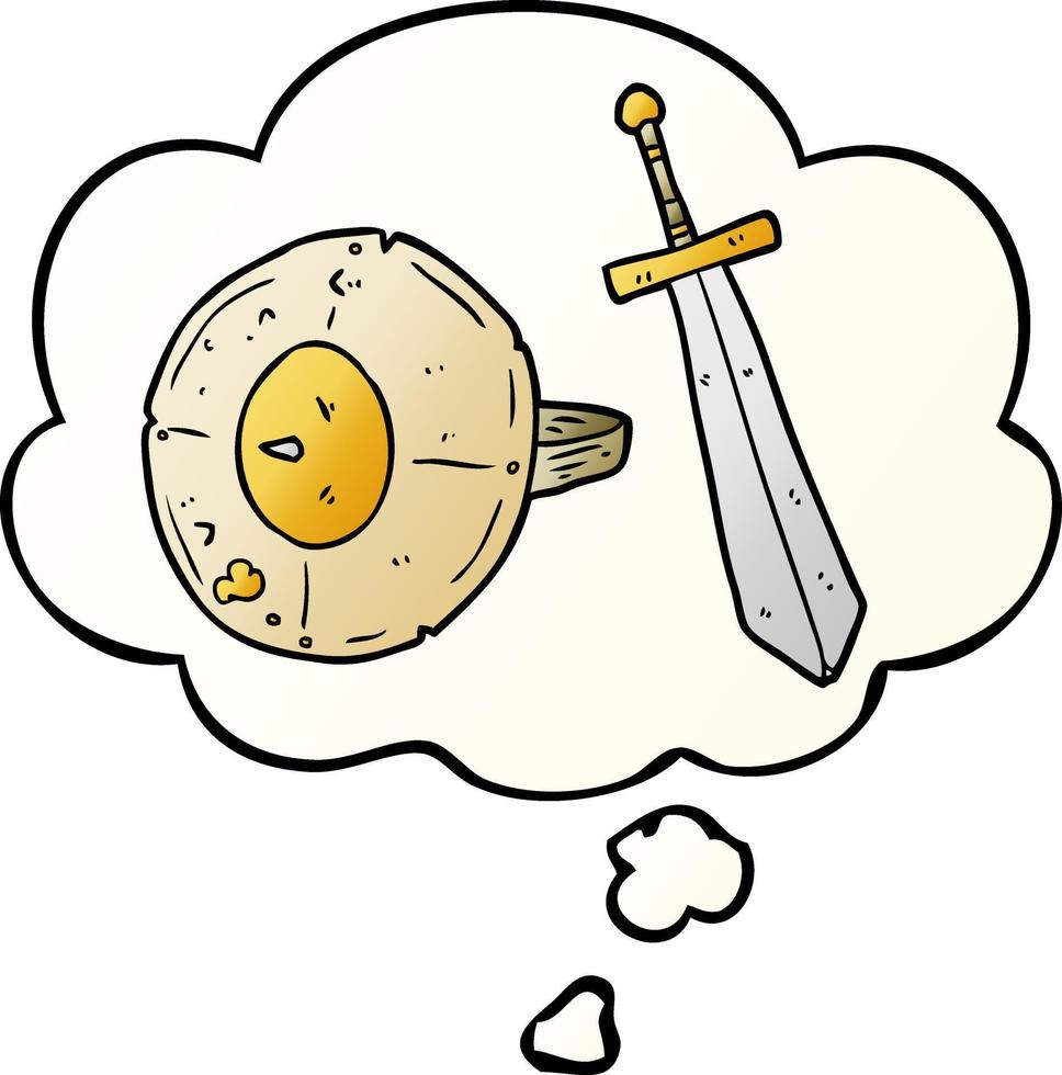escudo de desenho animado e espada e balão de pensamento em estilo gradiente suave vetor