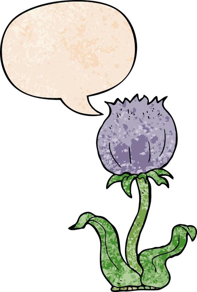 flor selvagem de desenho animado e bolha de fala no estilo de textura retrô vetor
