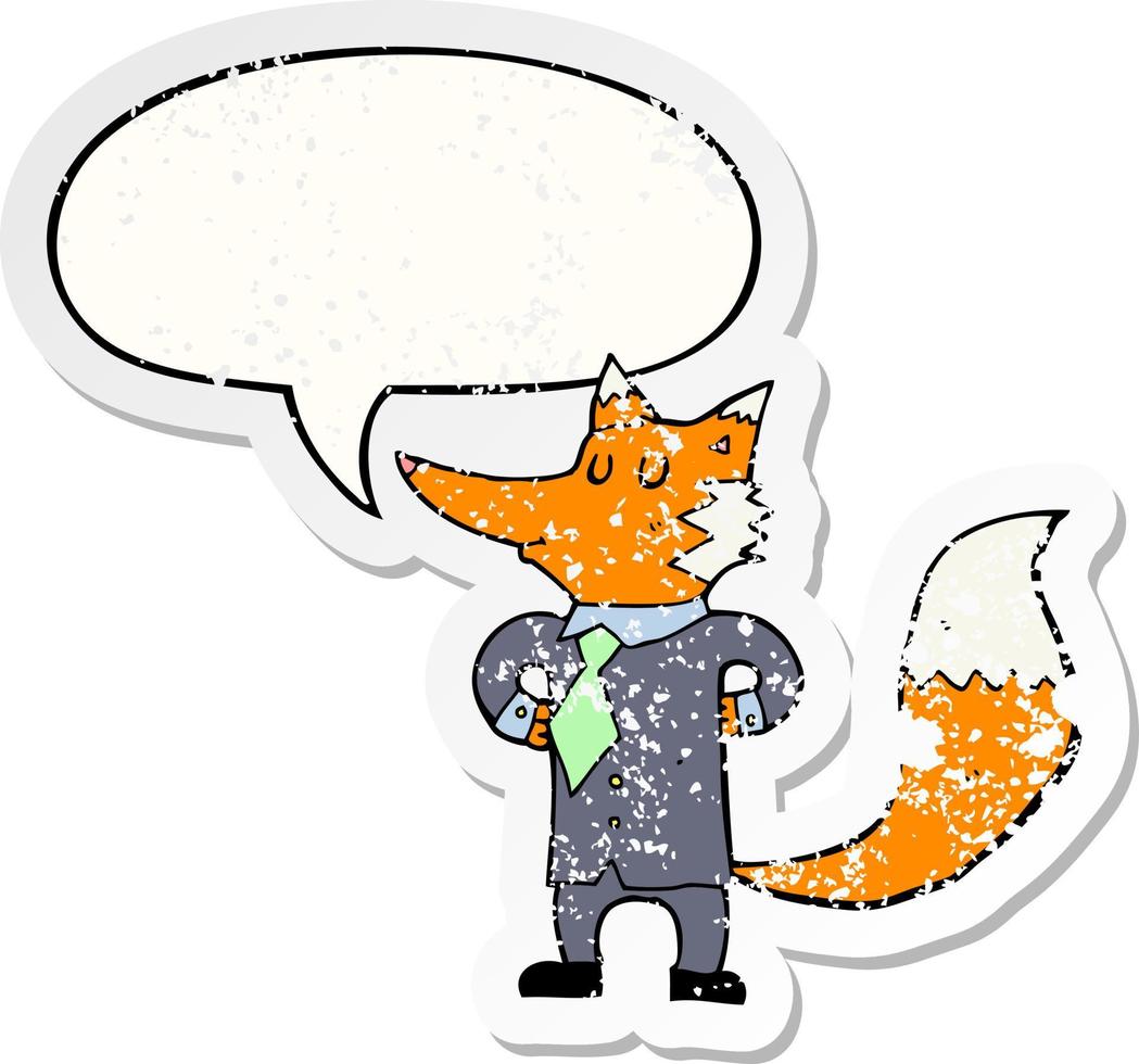 empresário de raposa dos desenhos animados e adesivo angustiado de bolha de fala vetor