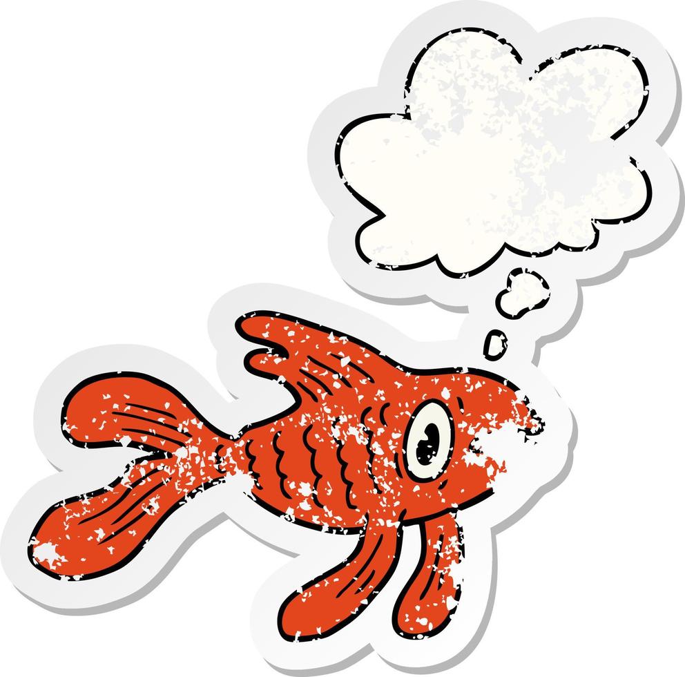 peixe de desenho animado e balão de pensamento como um adesivo desgastado vetor