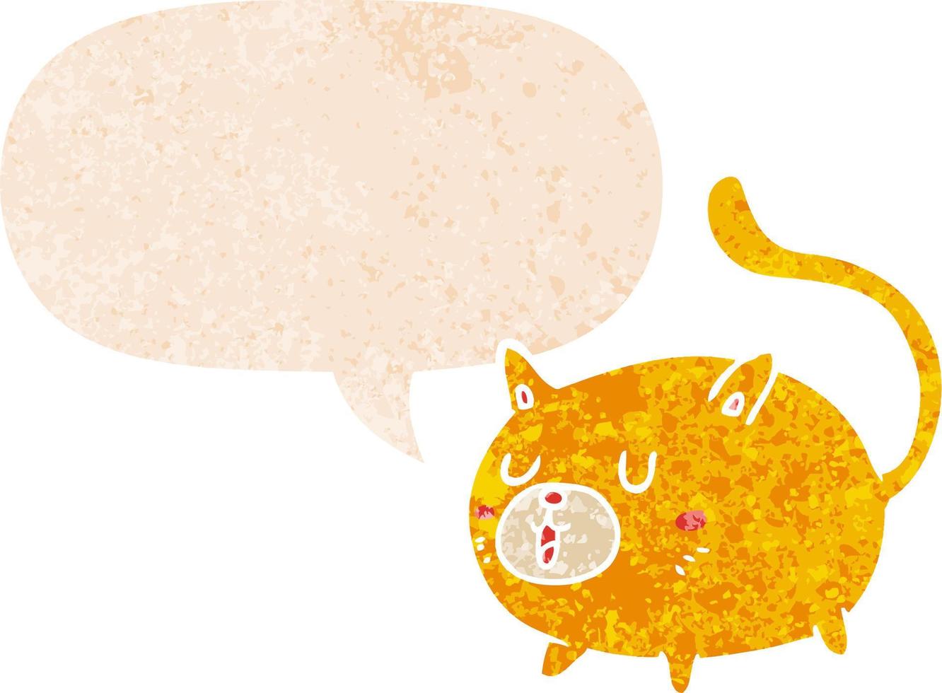 desenho animado gato feliz e bolha de fala em estilo retrô texturizado vetor