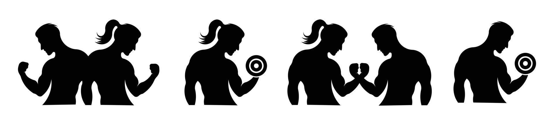 logotipo de fitness, logotipo de academia, ícone vetorial, silhuetas de inspiração de logotipo de academia e fitness de homem e mulher levantando a barra vetor